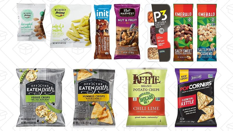 Caja con muestras de snakcs, $10 + $10 de crédito en compra futura